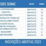 ESTÃO ABERTAS AS INSCRIÇÕES PARA O CURSOS GRATUITOS SENAC 2022